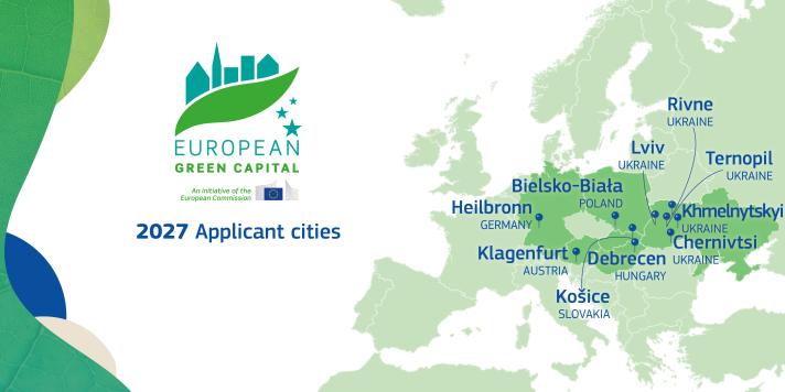 Map displaying European cities applying for the European Green Capital 2027 title.