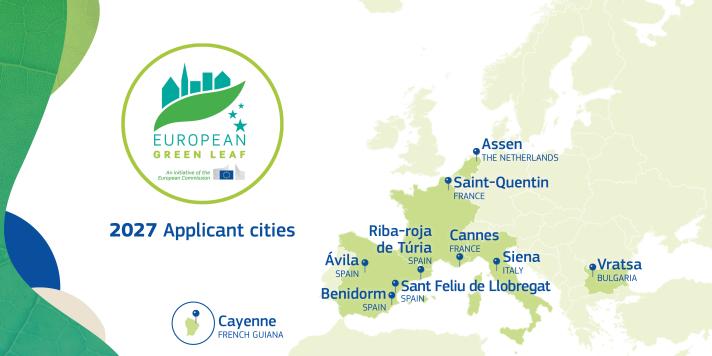 Map displaying European cities applying for the European Green Leaf 2027 title.