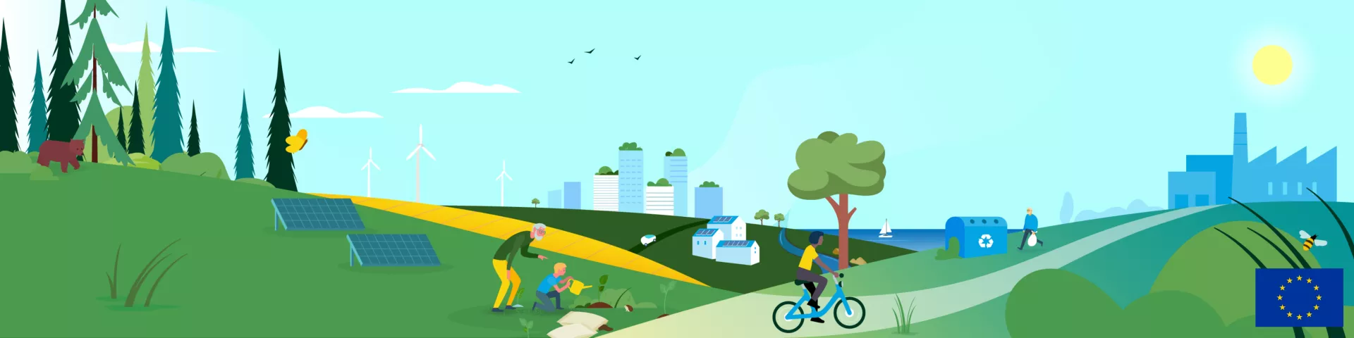 Green landscape with person on bike, tree and buildings in the distance.