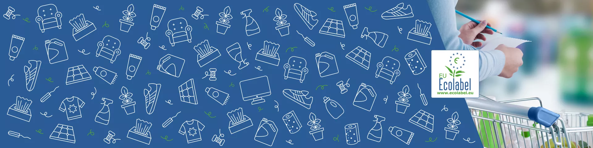 Icons of diverse product groups, accompanied by a photo presenting a woman holding a shopping list, making eco-conscious choices
