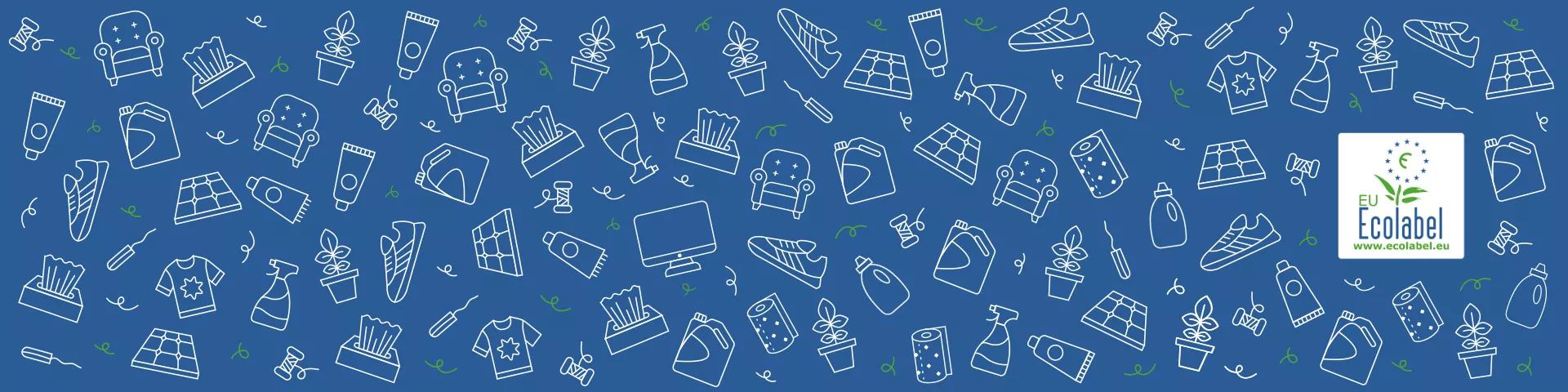 conic EU Ecolabel graphic featuring diverse product groups and the EU Ecolabel logo, signifying sustainability